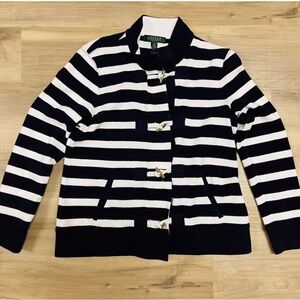 LRL Ralph Lauren Womens Cardigan Sweater Navy Blue White Long Sleeve Size PL